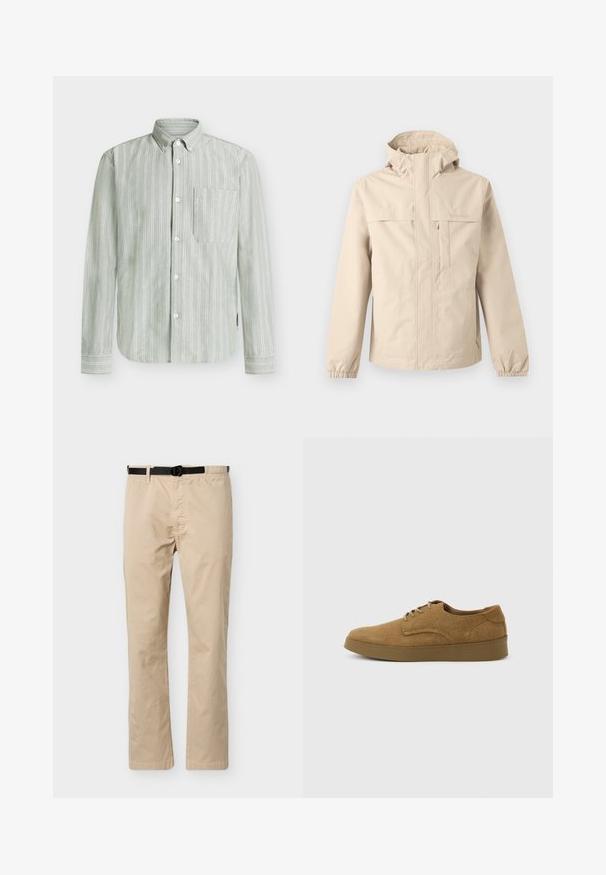 Veste à capuche beige avec fermeture éclair devant, rabat de poche poitrine, poignets élastiques et logo Timberland discret sur la poitrine et la manche.; Chemise boutonnée verte rayée en tissu léger, dotée d'une poche poitrine unique et de rayures blanches verticales avec des poignets à boutons.; Pantalon beige à jambes droites avec ceinture noire ajustable, taille élastique d'un côté et couture décorative à l'avant.; Chaussure décontractée à lacets en daim marron avec semelle en caoutchouc plate, vue de côté sur un fond clair uni.