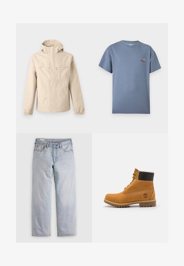 Beige Kapuzenjacke mit Frontreißverschluss, Brusttaschenklappe, elastischen Bündchen und dezentem Timberland-Logo auf Brust und Ärmel.; Solides kurzärmeliges T-Shirt in Schieferblau mit kleinem roten und gelbem Carhartt-Logo auf der linken Brust.; Helle blaue gerade geschnittene Jeans mit hoher Taille, Knopfverschluss sowie Vorder- und Hintertaschen, auf einer flachen Oberfläche präsentiert.; Braune Leder-Ankle-Boots mit Metallösen, weißem Kunstfellfutter, schwarzem gepolstertem Kragen, robustem Sohlenprofil und geprägtem Logo an der Seite.
