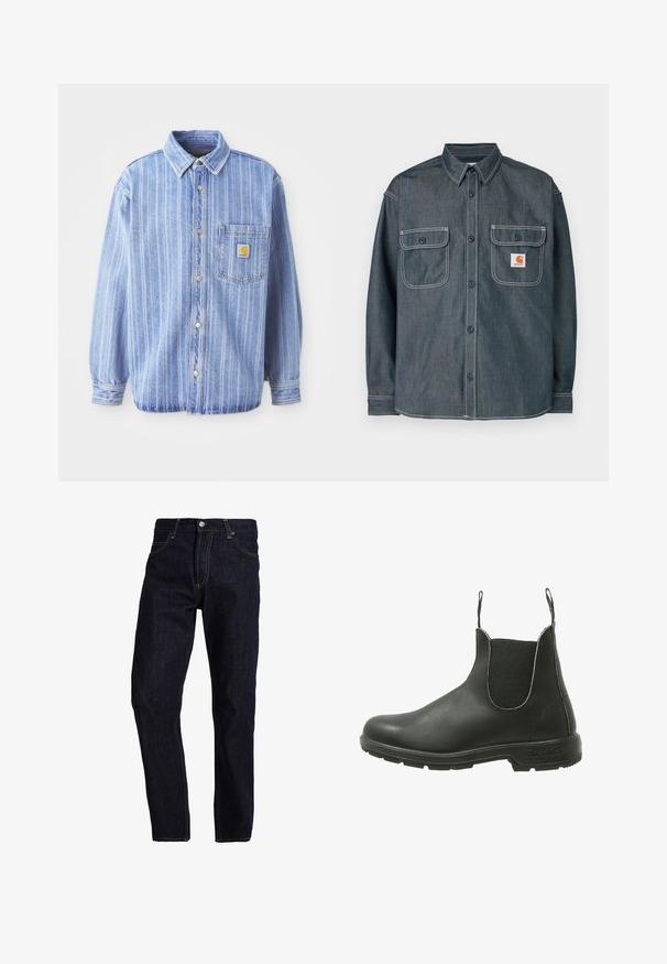 Lichtblauwe denimoverhemd met verticale witte strepen, puntkraag, knoopsluiting aan de voorkant, een enkele borstzak en Carhartt-logo patch.; Donkergrijze denim blouse met knopen, twee borstzakken met knopen, wit contrasterend stiksel en een klein oranje logolabel op de rechterzak.; Donkerblauwe spijkerbroek met een rechte pasvorm, voorzien van gele stiksels, vijf zakken en een klassieke knoop- en ritsluiting.; Zwarte leren Chelsea-boot met elastische zijpanelen, ronde neus en een textuur rubberen zool, ontworpen voor gemakkelijke instap.