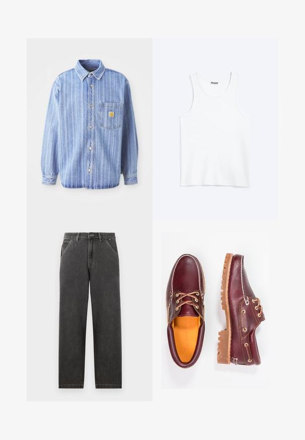 Hellblaues Jeanshemd mit vertikalen weißen Streifen, Punktkragen, Knopfverschluss, einer Brusttasche und Carhartt-Logo-Label.; Weißes ärmelloses Tanktop mit rundem Ausschnitt und Weekday-Markenetikett auf der Innenseite des hinteren Kragens, flach auf hellem Hintergrund dargestellt.; Dunkelgraue Denim-Hosen mit geradem Schnitt, mit kontrastierenden weißen Nähten, einem Knopfverschluss und seitlichen Taschen.; Bordeauxfarbene Lederschuhe mit braunen Gummisohlen, runder Zehenform, weißen Nähten und goldenen Ösen. Das Innenfutter weist eine gelbe Beschichtung auf.