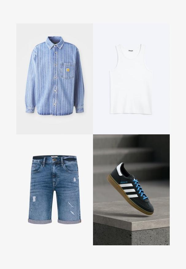 Chemise en jean bleu clair avec des rayures blanches verticales, col pointu, boutonnage sur le devant, poche poitrine unique et patch logo Carhartt.; Débardeur blanc sans manches avec col rond et étiquette de la marque Weekday à l'intérieur du col arrière, présenté à plat sur un fond clair.; Shorts en denim de couleur bleu moyen avec des détails déchirés, des ourlets retroussés, cinq poches et une fermeture à bouton en métal. Coupe standard.; Baskets Adidas noires avec des rayures blanches, des lacets bleus et une semelle en gomme flottant au-dessus d'une marche en béton grise sous une lumière douce.