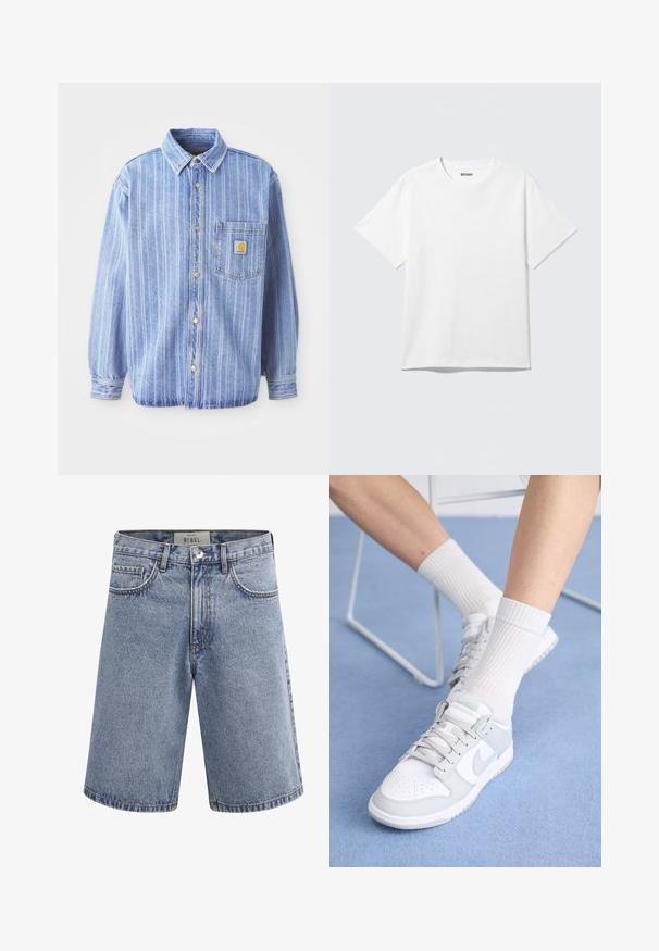 Lyseblå denimskjorte med vertikale hvide striber, spids krave, knaplukning fortil, en enkelt brystlomme og Carhartt-logo-patch.; Hvid kortærmet crewneck T-shirt lagt fladt ud, ensfarvet design, med "WEEKDAY" mærkat inde i kraven på en lys baggrund.; Lyseblå denimshorts med forlommer, bæltestropper, knaplukning og en mærkat inde i taljebåndet med teksten "REBEL."; Hvide sneakers med lyseblå accenter, læderoverdel, perforeret tå, tykke snørebånd og ribbede hvide sokker mod en blå baggrund.