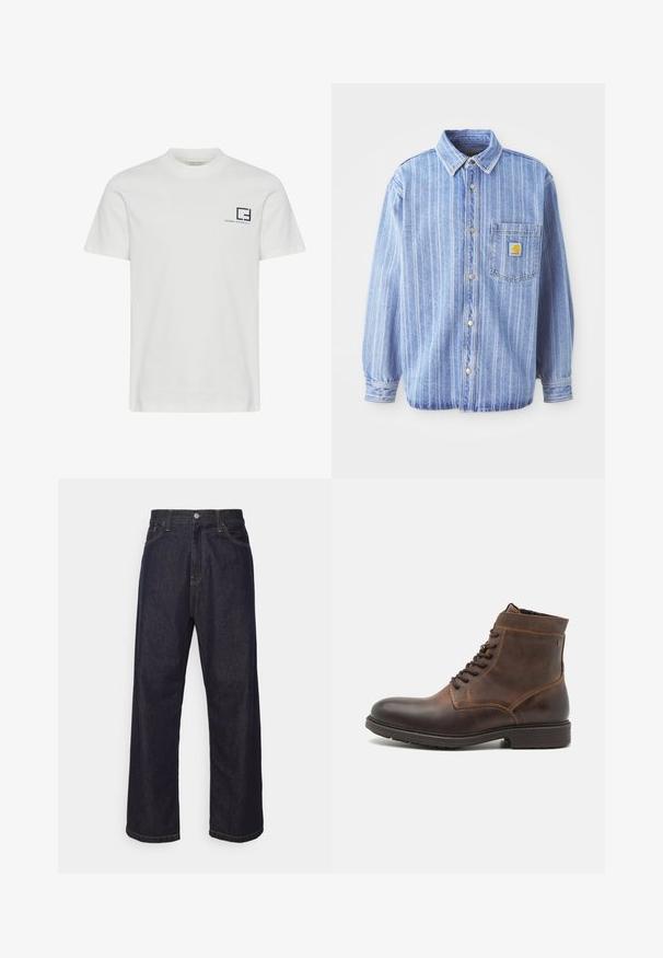 Chemise en jean bleu clair avec des rayures blanches verticales, col pointu, boutonnage sur le devant, poche poitrine unique et patch logo Carhartt.; T-shirt en coton blanc avec un col rond et des manches courtes. Présente un logo graphique bleu marine et du texte sur la partie gauche de la poitrine.; Jean en denim droit bleu foncé avec des coutures jaunes, bouton frontal, fermeture éclair, et cinq poches.; Jack & Jones JFWDELANEY BOOT - Bottines à lacets - cognac
