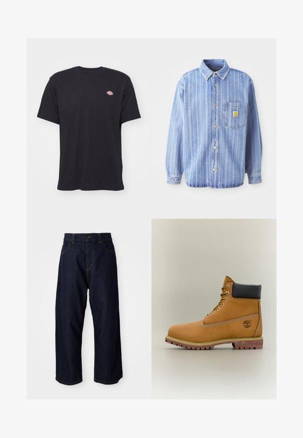 Lyseblå denimskjorte med vertikale hvide striber, spids krave, knaplukning fortil, en enkelt brystlomme og Carhartt-logo-patch.; Sort kortærmet t-shirt med rund hals og et lille farverigt Dickies-logo på venstre bryst mod en ensfarvet baggrund.; Mørkeblå denimbukser med en afslappet pasform, der har en knapclosure, bæltestropper og gule syninger på lommer og sømme.; Brun læderankelstøvle med sort krave, gule snørebånd og tanfarvet sål. Har logo og hvide syninger som detalje. Robust ydersål med greb.