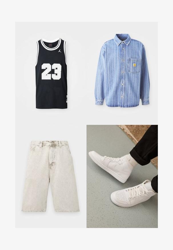 Chemise en jean bleu clair avec des rayures blanches verticales, col pointu, boutonnage sur le devant, poche poitrine unique et patch logo Carhartt.; Maillot de basketball noir, tissu en maille, design sans manches. Présente le numéro "23" en blanc et des accents. Le logo est visible en haut à gauche.; Shorts en denim gris clair délavé avec poches avant, passants pour ceinture et fermeture par bouton, présentés à plat sur un fond blanc.; Baskets montantes blanches en cuir lisse avec un bout perforé, fermeture à lacets et un discret logo sur le côté. Semelle en caoutchouc texturé.