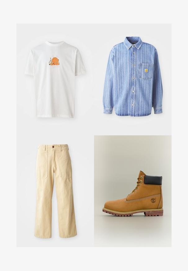 Lyseblå denimskjorte med vertikale hvide striber, spids krave, knaplukning fortil, en enkelt brystlomme og Carhartt-logo-patch.; Hvid bomulds t-shirt med rund halsudskæring. Forsiden viser en orange tegneseriefigur omgivet af blomster og tekst i pink.; Beige brede benbukser lavet af bomuld. De har en høj talje, to forlommer med flad design og en enkelt knaplukning.; Brun læderankelstøvle med sort krave, gule snørebånd og tanfarvet sål. Har logo og hvide syninger som detalje. Robust ydersål med greb.