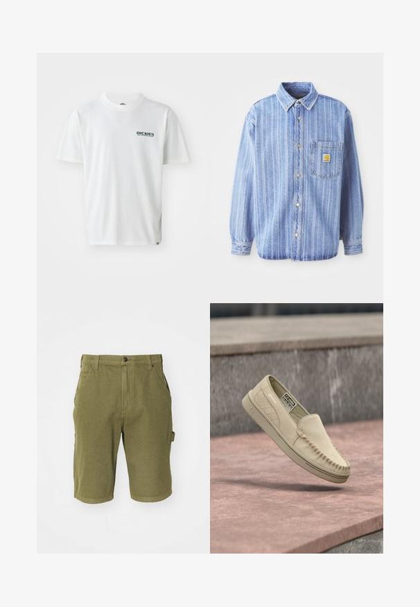 Hellblaues Jeanshemd mit vertikalen weißen Streifen, Punktkragen, Knopfverschluss, einer Brusttasche und Carhartt-Logo-Label.; Weißes Baumwoll-T-Shirt mit kurzen Ärmeln, das auf der linken Brust ein grünes "DICKIES ON THE ROAD AGAIN"-Logo zeigt. Standard Design mit Rundhalsausschnitt.; Olivgrüne Baumwoll-Cargo-Shorts mit Knopfverschluss, Gürtelschlaufen, seitlichen Taschen und einer leicht strukturierten Stoffoberfläche.; Beiger Wildleder-Slipper mit gestepptem Seitenpanel, Mokassin-Naht und Gummisohle, schwebt über einer Steinfläche.
