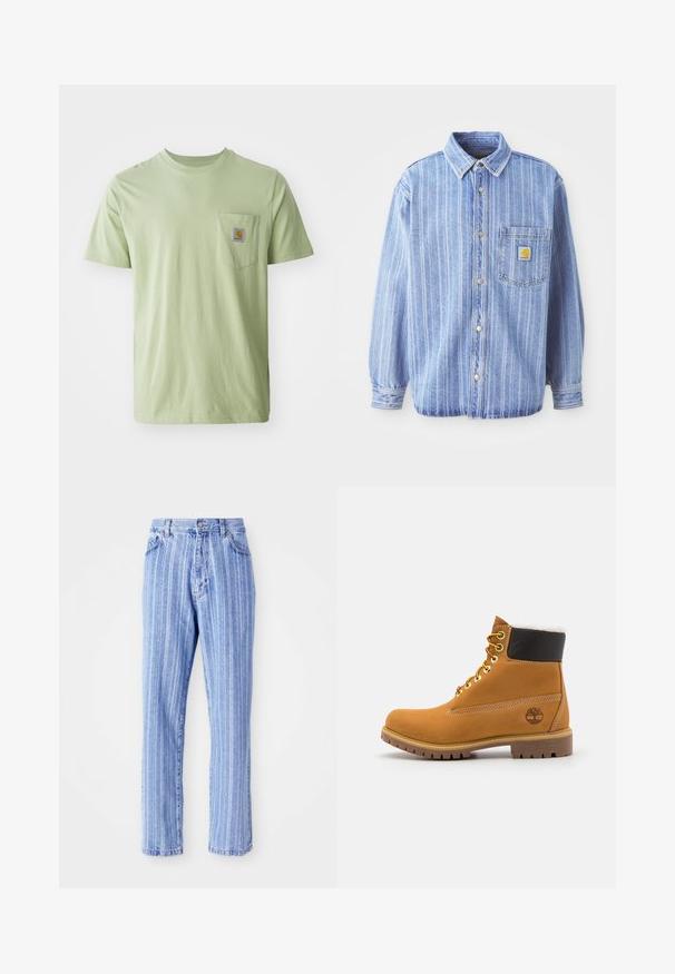 Lichtblauwe denimoverhemd met verticale witte strepen, puntkraag, knoopsluiting aan de voorkant, een enkele borstzak en Carhartt-logo patch.; Lichtgroen t-shirt met korte mouwen van zachte stof, met een borstzak en een vierkante logopatch. Eenvoudig, onopgesmukt ontwerp.; Lichtblauwe denim jeans met verticale witte strepen, rechte pijpen, vijf-pocketstijl en een knoopsluiting in de taille.; Bruine leren enkellaars met metalen oogjes, witte faux bont voering, zwarte gewatteerde kraag, robuuste zool en een reliëflogo aan de zijkant.