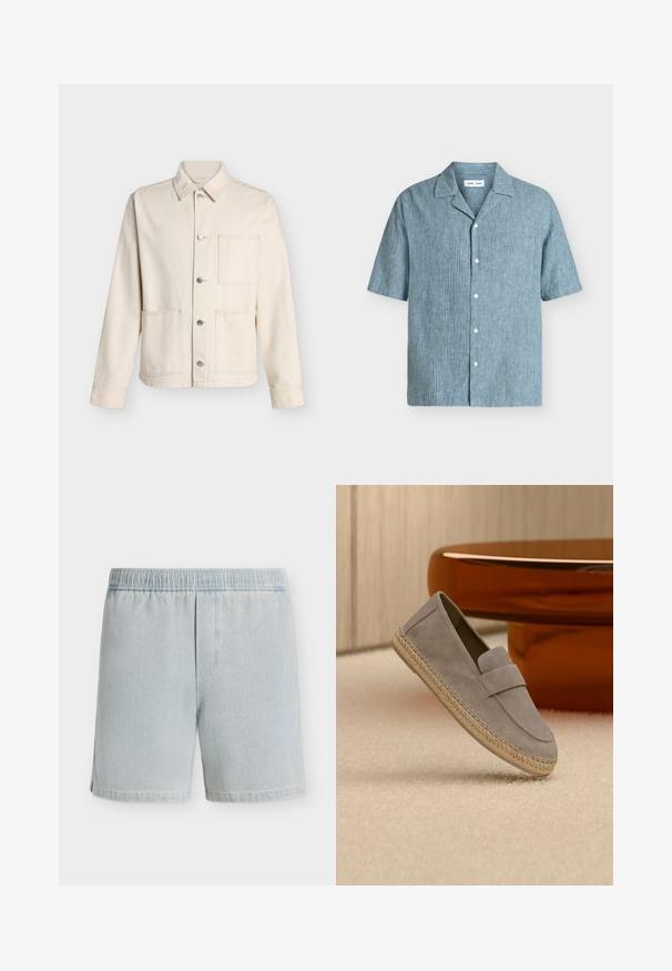 Veste beige boutonnée avec col et trois poches plaquées devant, présentée sur fond blanc uni.; Chemise à rayures verticales bleu et blanc à manches courtes, boutonnée, avec une poche poitrine unique et un col cranté.; Short en denim bleu clair avec taille élastique et texture subtile, présenté à plat sur un fond blanc uni.; Mocassin en daim gris clair avec semelle en jute tressé, présenté en appui sur un tapis beige avec une table marron brillante en arrière-plan.