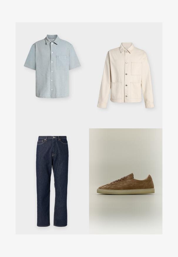 Veste beige boutonnée avec col et trois poches plaquées devant, présentée sur fond blanc uni.; Chemise bleu clair à manches courtes avec boutons, col et poche poitrine, en tissu texturé.; Jean en denim bleu foncé avec une coupe droite. Comprend une fermeture à bouton et à fermeture éclair, cinq poches et des détails de surpiqure contrastants.; Baskets basses en daim marron avec lacets assortis et semelle en caoutchouc beige, vues de profil sur fond neutre.