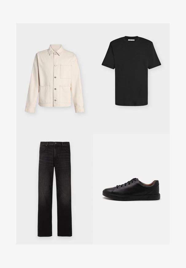 Veste beige boutonnée avec col et trois poches plaquées devant, présentée sur fond blanc uni.; T-shirt noir à manches courtes et col rond avec un logo texte discret sur la poitrine gauche et une étiquette de marque blanche à l’intérieur du col.; Jean noir à jambes droites avec cinq poches et fermeture à boutons, présenté à plat sur un fond clair.; Baskets en cuir noir avec une finition lisse, bout rond et fermeture à lacets à six œillets ; dotées d'une semelle en caoutchouc noir pour une bonne adhérence.