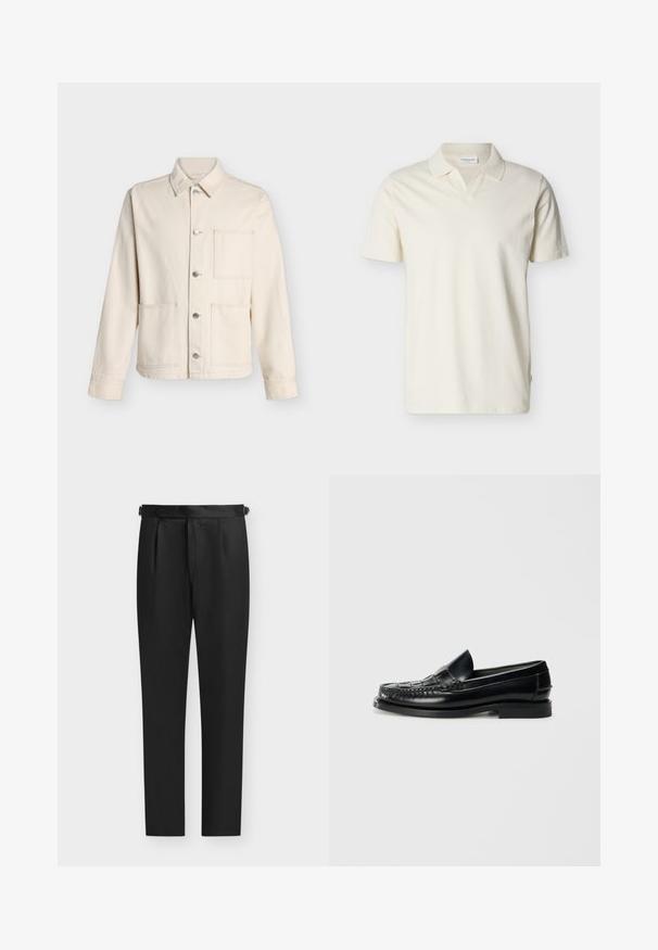 Veste beige boutonnée avec col et trois poches plaquées devant, présentée sur fond blanc uni.; Polo à manches courtes de couleur crème avec un col doux et une encolure en V, présenté sur un fond blanc uni.; Pantalon formel noir fuselé avec des plis près de la taille et des sangles latérales réglables, présenté sur fond clair.; Hereu NOMBELA - Chaussons - black