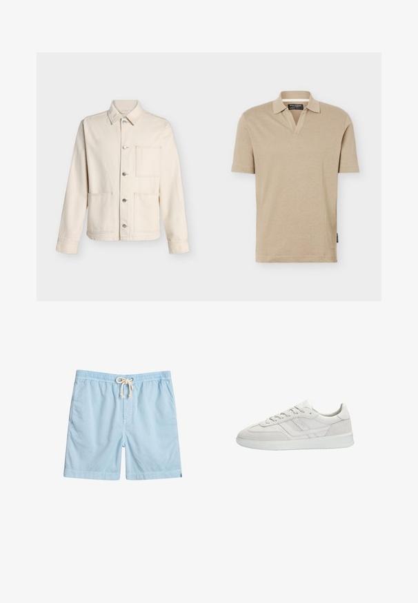 Beige jakke med knapper, krave og tre forlommer, vist mod en hvid baggrund.; Beige kortærmet polo med åben krave, almindelig pasform og stoflabel i sidesømmen.; Lyseblå svømmebukser lavet af blødt stof, med elastisk talje, forlommer og snøre til justering.; Hvid ruskinds-sneaker med glat tekstur, rund tå, snørelukning foran, lavprofileret hvid gummisål og diskrete branddetaljer på siden.