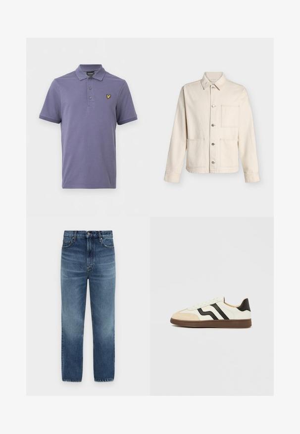 Veste beige boutonnée avec col et trois poches plaquées devant, présentée sur fond blanc uni.; Polo manches courtes violet avec trois boutons et un petit logo d'oiseau jaune sur le côté gauche de la poitrine.; Jean droit en denim bleu avec taille haute, fermeture par bouton et design cinq poches sur fond blanc.; Baskets en cuir blanc avec bandes noires et embout en daim beige. Semelle en caoutchouc brun foncé. Lacets et col rembourré complètent le design.