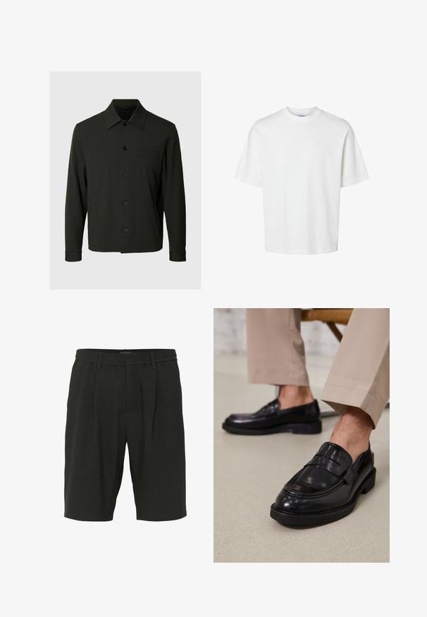 Camisa de manga larga verde oscuro con botones, cuello y bolsillo en el pecho sobre un fondo claro liso.; Camiseta blanca lisa de manga corta con cuello redondo y corte holgado mostrada sobre un fondo blanco.; Pantalones cortos negros hechos de tejido texturizado, con un corte relajado, pliegues y una cinturilla elástica para mayor comodidad.; Mocasines de cuero negro con un acabado suave, que cuentan con una correa decorativa y costuras en contraste, combinados con pantalones beiges.