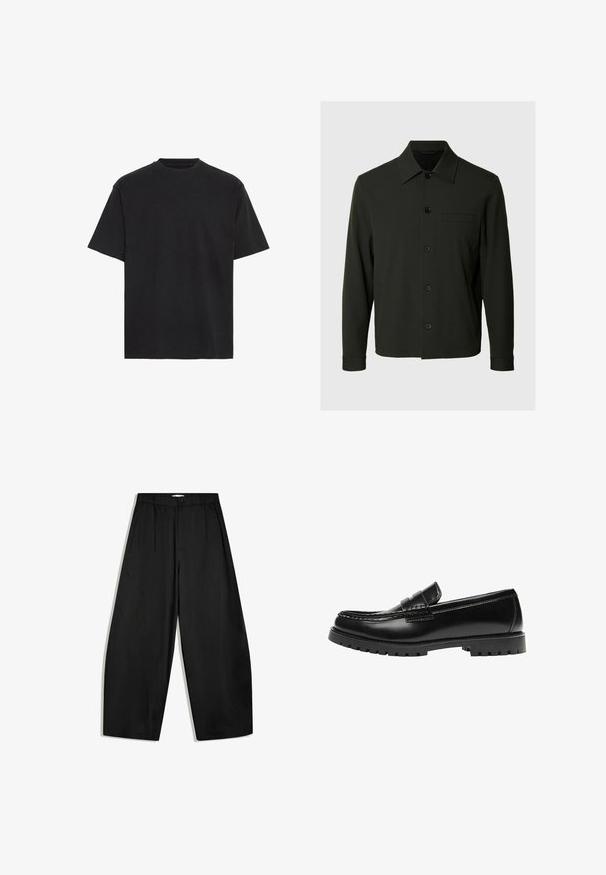 Dunkelgrünes Langarmhemd mit Knopfleiste, Kragen und Brusttasche auf einem einfarbigen hellen Hintergrund.; Schwarzes Baumwoll-T-Shirt, kurze Ärmel, Rundhalsausschnitt, leicht, lockere Passform, glatte Textur, keine sichtbaren Muster oder Akzente.; Schwarze weit geschnittene Hose mit hoher Taille, Knopfverschluss und Falten vorne, auf weißem Hintergrund präsentiert.; Schwarzer Leder-Slipper mit dicker Gummisohle und klassischem Penny-Detail an der Riemen, von der Außenseite gezeigt.