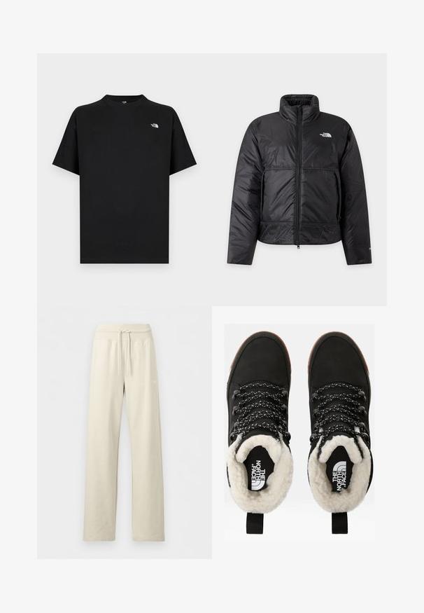 Veste isolante noire zippée avec col montant, poches latérales et logo The North Face sur la poitrine gauche.; T-shirt noir à manches courtes en coton avec un col rond. Présente un petit logo blanc sur la poitrine gauche et une coupe standard.; Pantalon de jogging beige à jambes larges avec taille côtelée à cordon et logo subtil sur la cuisse droite, présenté sur un fond uni.; Bottes noires en cuir synthétique imperméables à la cheville, avec une doublure en fausse fourrure, un tissu texturé, des lacets à motifs noirs et blancs, et une languette au niveau du talon.
