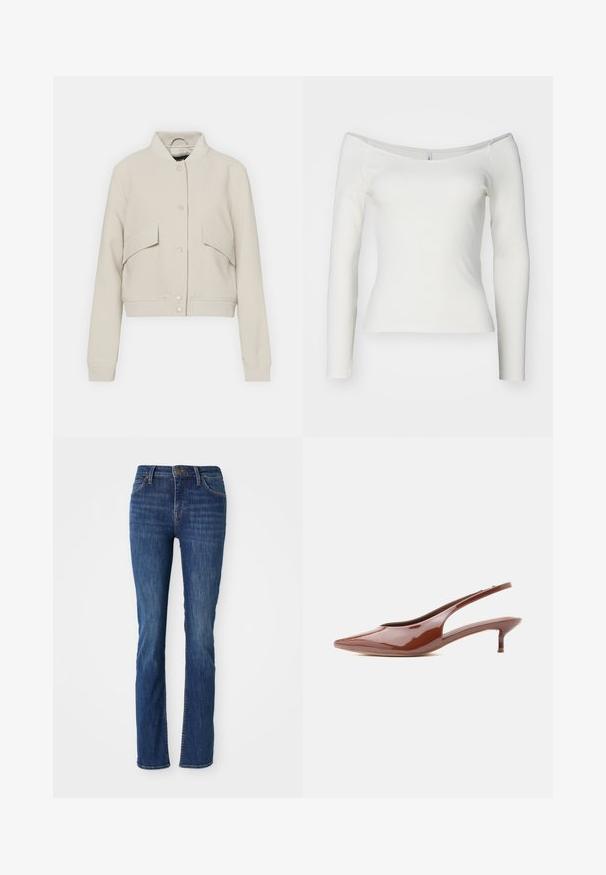 Veste bomber beige clair en tissu mélangé coton, avec un col côtelé, deux poches avant et une fermeture à boutons-pression.; Haut blanc à épaules dénudées, à manches longues, fabriqué en matériau côtelé. Design ajusté avec une texture lisse et un ourlet droit.; Jeans droits bleus avec une légère décoloration, poches avant, passants de ceinture et fermeture à bouton sur fond blanc.; Escarpin slingback brun brillant à talon kitten pointu avec bout pointu et talon bas et fin sur fond blanc.