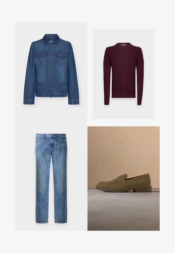 Dunkelblaue Jeansjacke mit Kragen, langen Ärmeln, zwei Brusttaschen und Knopfverschlüssen, die ein klassisches Design und eine robuste Textur aufweist.; Bordeauxroter Strickpullover mit langen Ärmeln, gerippter Struktur und Rundhalsausschnitt. Kleines Logodetail auf der linken Brust.; Helle blaue Denim-Jeans im geraden Schnitt, fünf Taschen, Verschluss mit Metallknopf, verblasste Textur mit leichten Abnutzungsspuren an der Vorderseite.; Brauner Wildleder-Slipper schwebt über einem strukturierten beigen Teppich in einem Wohnzimmer mit einem Holz-Couchtisch und gestapelten Büchern.
