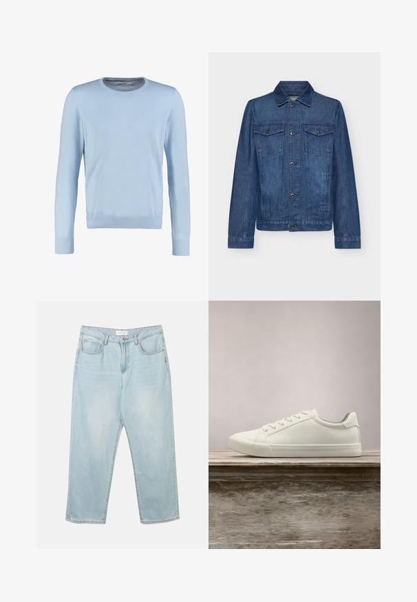 Mørkeblå denimjakke med krave, lange ærmer, to brystlommer og knaplukninger. Jakken har et klassisk design og en robust tekstur.; Lyseblå langærmet sweater med rund halsudskæring. Har en glat tekstur og ribbede manchetter og kant. Klassisk, tætsiddende design.; Lys blå denim jeans med en afslappet pasform, fem lommer, en knaplukning og subtil fadeeffekt. Teksturen er glat og lidt slidt.; Hvide snørresneakers svævende over en træbænk med grønne planter i baggrunden, der fremhæver skodesign og tekstur.