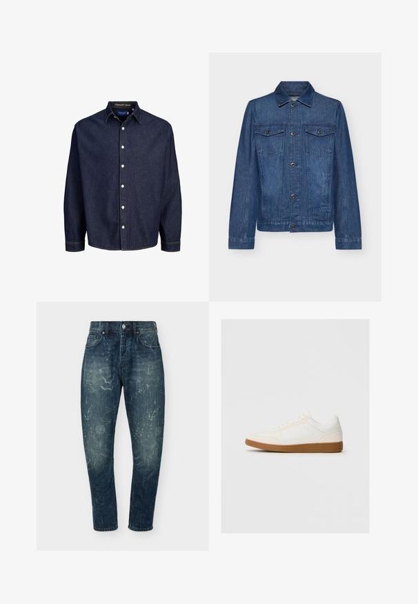Dunkelblaue Jeansjacke mit Kragen, langen Ärmeln, zwei Brusttaschen und Knopfverschlüssen, die ein klassisches Design und eine robuste Textur aufweist.; Dunkelblaune Jeanshemd mit Knopfleiste, langen Ärmeln und klassischem Kragen, mit weißen Knöpfen und kontrastierenden Nähten.; Dunkelblaue Denim-Jeans mit verblassten Blumen- und Wirbelmustern, Fünf-Taschen-Form, Knopfverschluss und schmal zulaufendem Bein.; Weißer Sneaker mit einer Wildleder-Zehenkappe, glattem Synthetik-Obermaterial und einer sandfarbenen Gummisohle. Verfügt über Perforationen an den Seiten für Atmungsaktivität.