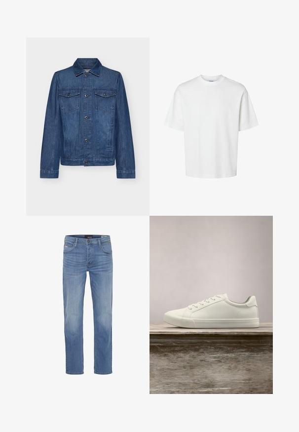 Mørkeblå denimjakke med krave, lange ærmer, to brystlommer og knaplukninger. Jakken har et klassisk design og en robust tekstur.; Enkel hvid t-shirt med korte ærmer, rund hals og løs pasform vist på hvid baggrund.; Lyseblå denimjeans med lige snit, fem lomme-design og diskret slid på benene. Vævet stof med en robust tekstur.; Hvide snørresneakers svævende over en træbænk med grønne planter i baggrunden, der fremhæver skodesign og tekstur.