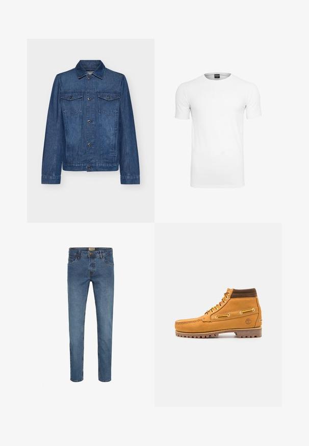 Chaqueta de denim en azul oscuro con cuello, mangas largas, dos bolsillos en el pecho y cierres de botón, que presenta un diseño clásico y una textura resistente.; Camiseta blanca lisa de manga corta con cuello redondo y una etiqueta negra en el interior del cuello sobre un fondo blanco.; Jeans de mezclilla azul con un ajuste Slim, cinco bolsillos, cierre de botón y cremallera, y costuras en contraste. Textura suave con un acabado desgastado.; Timberland AUTHENTIC MID LACE BOOT - Botines con cordones - wheat