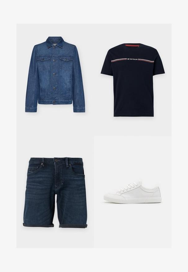 Donkerblauwe spijkerjack met een kraag, lange mouwen, twee borstzakken en knoopsluitingen, met een klassiek ontwerp en stevige textuur.; Navyblauwe katoenen t-shirt met korte mouwen, ronde halslijn, met een witte en rode horizontale streepdetail en het "TOM TAILOR" logo.; Donkerblauwe denimshorts met opgerolde mouwen, voorzien van voorzakken, een knoopsluiting en een merkelabel op de achterzak.; Witte sneakers met een glad leren bovenwerk, ronde neus, platte rubberen zool en zes oogjes voor veters. Subtiele stikseldetails, minimalistisch ontwerp.