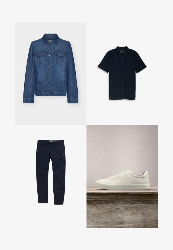 Mørkeblå denimjakke med krave, lange ærmer, to brystlommer og knaplukninger. Jakken har et klassisk design og en robust tekstur.; Marineblå kortærmet polo med to-knaps lukning og krave, lagt fladt på en hvid baggrund.; Mørkeblå bukser lavet af bomuld med lige snit. Har to sidelommer og knaplukning. Minimalistisk design med subtile detaljer.; Hvide snørresneakers svævende over en træbænk med grønne planter i baggrunden, der fremhæver skodesign og tekstur.