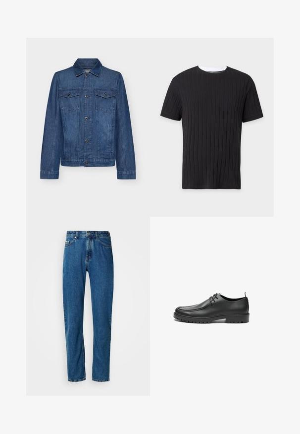 Veste en denim bleu foncé avec un col, des manches longues, deux poches poitrine et des fermetures à boutons, présentant un design classique et une texture robuste.; T-shirt noir à manches courtes en maille côtelée avec une bordure blanche au col rond, présenté sur un fond uni.; Jean en denim droit bleu avec cinq poches et fermeture à bouton à l'avant sur fond blanc.; Chaussures en cuir noir avec une finition lisse, bout arrondi et coutures décoratives. Elles possèdent une semelle en caoutchouc avec des rainures de traction et un laçage.