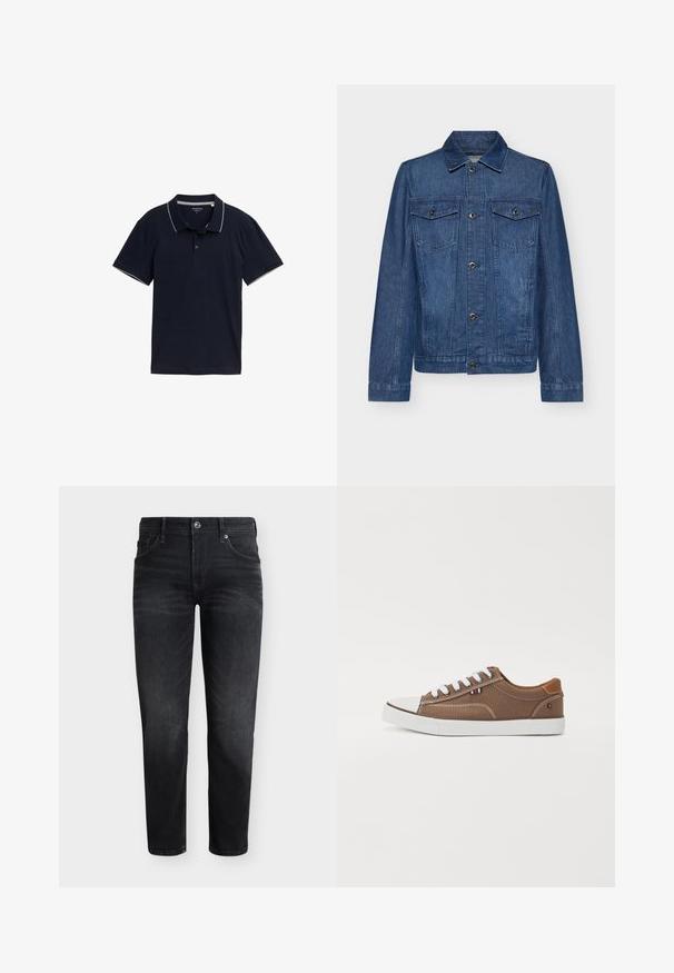 Mørkeblå denimjakke med krave, lange ærmer, to brystlommer og knaplukninger. Jakken har et klassisk design og en robust tekstur.; Mørkeblå polo shirt lavet af bomuld, med en klassisk krave, tre-knap lukning og kontrasterende lys grå trim på kraven og ærmerne.; Sorte slim fit-jeans med fem lommer, knaplukning og diskrete falmede detaljer på lår og knæ, vist på en enkel baggrund.; Brune kanvas sneakers med hvide snørebånd, gummitåspids og kontrasterende tan-detaljer på hælen, med et lille tricolor-emblem.