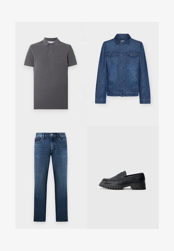 Veste en denim bleu foncé avec un col, des manches longues, deux poches poitrine et des fermetures à boutons, présentant un design classique et une texture robuste.; Polo gris foncé à manches courtes avec patte de boutonnage à deux boutons et logo brodé discret sur la poitrine gauche, sur fond blanc.; Jean en denim bleu foncé à coupe droite avec fermeture à bouton et fermeture éclair à l'avant, poches avant et arrière, présenté sur fond blanc.; Mocassins en cuir noir avec un bout arrondi, présentant une sangle décorative et une semelle en caoutchouc épaisse avec de profonds crampons pour une meilleure adhérence.