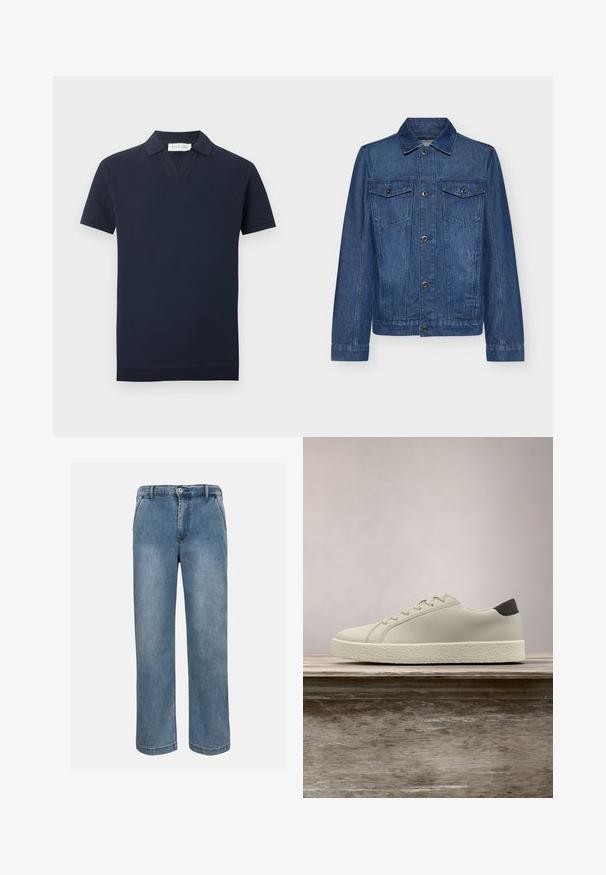 Veste en denim bleu foncé avec un col, des manches longues, deux poches poitrine et des fermetures à boutons, présentant un design classique et une texture robuste.; Polo en maille bleu marine à manches courtes avec texture gaufrée, encolure en V et poignets et ourlet côtelés.; Jean en denim bleu à jambes droites, avec bouton frontal, fermeture éclair et passants pour ceinture, sur un fond neutre.; Baskets blanches avec semelle texturée et détail noir au talon, flottant au-dessus d'un banc en bois avec de hautes herbes vertes en arrière-plan.