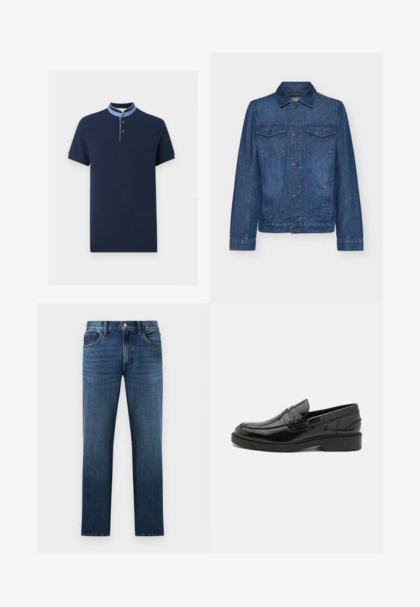 Veste en denim bleu foncé avec un col, des manches longues, deux poches poitrine et des fermetures à boutons, présentant un design classique et une texture robuste.; Polo bleu marine à manches courtes avec un col mandarin bleu clair et trois boutons sur la patte de boutonnage.; Jean en denim bleu foncé à coupe droite avec fermeture à bouton et fermeture éclair à l'avant, poches avant et arrière, présenté sur fond blanc.; Mocassins en cuir noir avec une finition lisse, un bout rond, un petit talon et descoutures décoratives à l'avant. Semelle en caoutchouc pour l'adhérence.