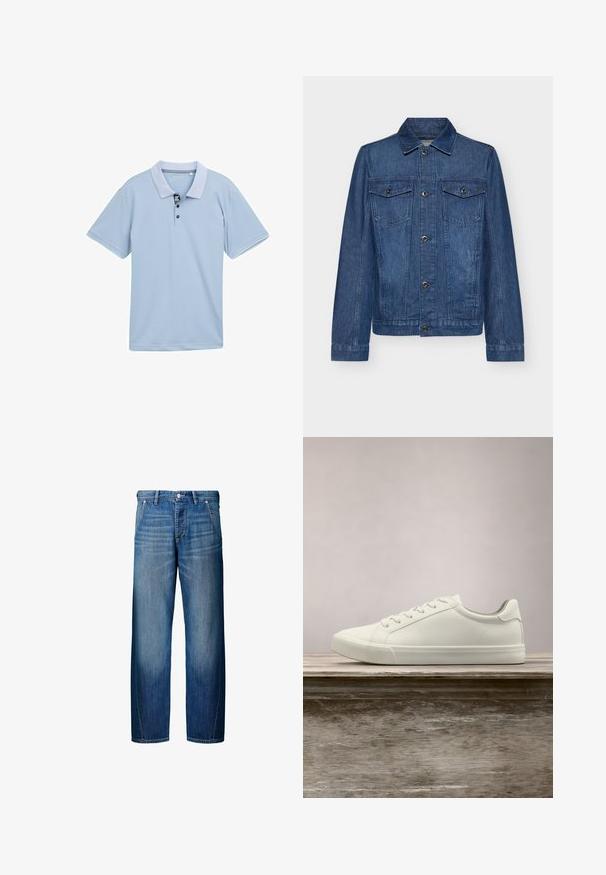 Mørkeblå denimjakke med krave, lange ærmer, to brystlommer og knaplukninger. Jakken har et klassisk design og en robust tekstur.; Lyseblå polo-shirt med en tofarvet krave, tre-knaps placket og korte ærmer. Fremstillet af glat, åndbart stof.; Blå straight-leg jeans med for- og baglommer, knap- og lynlås-lukning og falmede detaljer på lårene.; Hvide snørresneakers svævende over en træbænk med grønne planter i baggrunden, der fremhæver skodesign og tekstur.