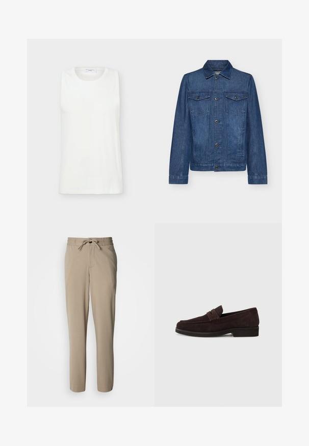 Veste en denim bleu foncé avec un col, des manches longues, deux poches poitrine et des fermetures à boutons, présentant un design classique et une texture robuste.; Haut blanc sans manches à col rond en tissu lisse, présenté à plat sur un fond clair.; Pantalon beige en tissu doux, doté d'une taille à cordon de serrage et d'une coupe décontractée, avec des jambes droites et sans poches visibles.; Mocassins en daim marron avec une silhouette basse et un embout arrondi. Présentent une sangle décorative sur le dessus, une semelle en caoutchouc plate et sans couture visible.