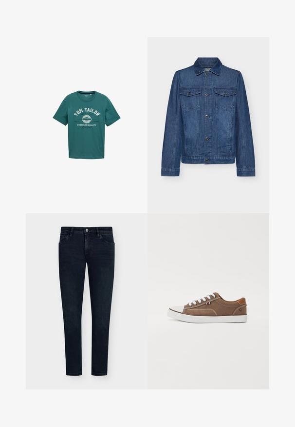 Donkerblauwe spijkerjack met een kraag, lange mouwen, twee borstzakken en knoopsluitingen, met een klassiek ontwerp en stevige textuur.; Teal kort-sleeve t-shirt van katoen met een ronde halslijn en witte bedrukte tekst "TOM TAILOR" en ontwerpelementen aan de voorkant.; Donkerblauwe denim jeans met een slim fit, vijfzakkenontwerp, knoopsluiting en minimale vervaging. Rechte voorkant en smalle beenopeningen.; Bruine canvas sneakers met witte veters, rubberen neuskap en contrasterende tan accenten op de hiel, met een klein driekleurig embleem.