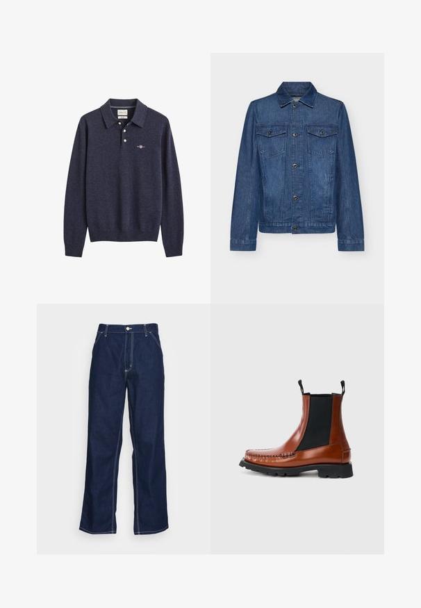 Veste en denim bleu foncé avec un col, des manches longues, deux poches poitrine et des fermetures à boutons, présentant un design classique et une texture robuste.; Pull polo bleu marine à manches longues avec col, trois boutons blancs, poignets et ourlet côtes, avec un petit logo brodé sur la poitrine.; Pantalons en denim bleu foncé à jambes larges, dotés d'une taille haute, de poches avant et de surpiqûres blanches contrastantes le long des coutures.; Bottine en cuir marron avec des panneaux élastiques sur les côtés, un bout arrondi, des détails cousus le long du bout et une semelle en caoutchouc noire.