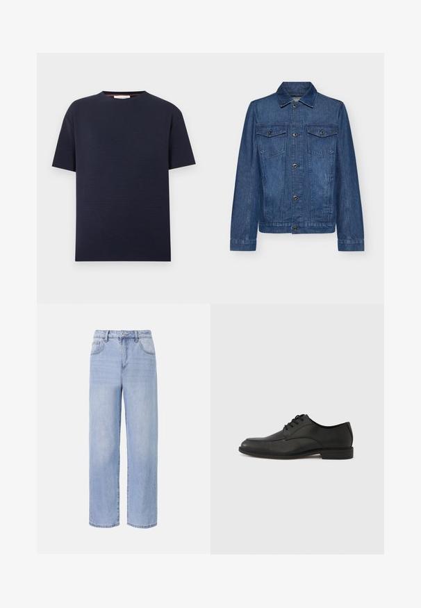 Veste en denim bleu foncé avec un col, des manches longues, deux poches poitrine et des fermetures à boutons, présentant un design classique et une texture robuste.; T-shirt bleu marine à manches courtes avec col rond et texture côtelée horizontale subtile, présenté sur fond blanc uni.; Jean en denim bleu clair avec une coupe décontractée et des jambes larges. Les caractéristiques incluent cinq poches, une fermeture à bouton à l'avant et une décoloration subtile.; Chaussure noire en cuir à lacets avec une finition lisse, un bout arrondi et un petit talon en caoutchouc. Présente des détails de couture subtils sur la tige.