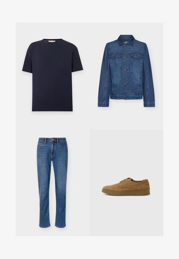 Veste en denim bleu foncé avec un col, des manches longues, deux poches poitrine et des fermetures à boutons, présentant un design classique et une texture robuste.; T-shirt bleu marine à manches courtes avec col rond et texture côtelée horizontale subtile, présenté sur fond blanc uni.; Jean droit bleu en denim avec fermeture devant à bouton et zip, cinq poches et légère décoloration aux cuisses.; Chaussure décontractée à lacets en daim marron avec semelle en caoutchouc plate, vue de côté sur un fond clair uni.
