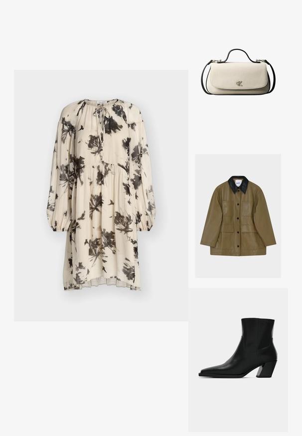Veste en cuir marron avec un col noir, dotée de quatre poches avant, d'une fermeture à boutons dissimulée et d'une texture lisse. L'étiquette porte l'inscription "DAY".; Robe crème à manches longues avec imprimé floral et oiseaux noirs, taille froncée, poignets élastiques et détail noué au col.; Bottine en cuir noir avec un bout pointu, une silhouette élégante et un talon carré massif. Texture lisse avec des détails de couture minimalistes.; Sac à main rectangulaire crème avec bandoulière et poignée noires, fermeture à rabat à l'avant, et petit logo argenté « cK » au centre devant.