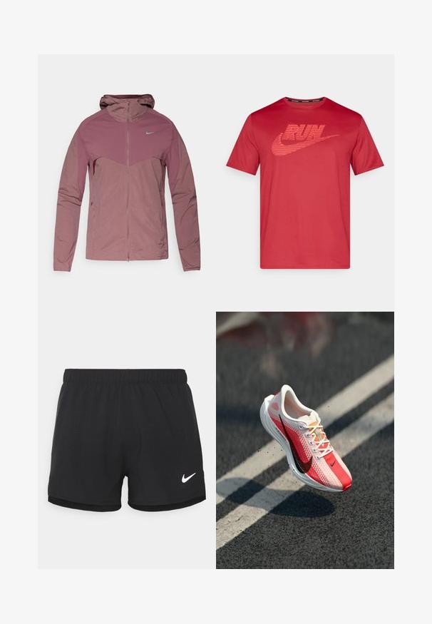 Veste légère Nike en mauve doux, dotée d'une fermeture éclair à l'avant, d'une capuche et d'accents de logo bleus. Tissu texturé avec un design sportif.; T-shirt rouge Nike en tissu léger, doté de manches courtes et d'un graphique texturé "RUN" avec le logo swoosh de Nike.; Shorts de sport noirs en tissu léger. Dotés d'une taille élastique et de détails perforés. Inclus un logo Nike blanc sur le côté.; Chaussure de course rouge et blanche avec tige en maille, accents noirs, semelle légère et marquage "ZoomX" visible. Les lacets passent à travers des œillets.