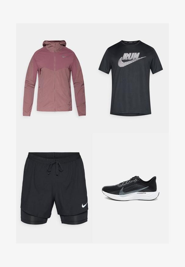 Let jakke fra Nike i dæmpet lilla, med lynlåslukning foran, hætte og blå logo-accents. Tekstureret stof med sporty design.; Sort atletik t-shirt lavet af åndbart stof med en stor hvidstribet "RUN"-tekst og Nike swoosh-logo på fronten.; Sorte løbeshorts med et ydre lag, elastisk taljeelastik, snor og lommer. Har et hvidt Nike-logo og indershorts.; Sort atletiksko med en åndbar mesh-overdel, grå accenter, en polstret hvid sål og et slankt, strømlinet design.