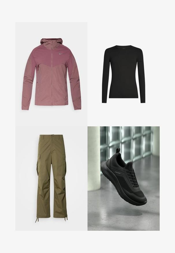 Chaqueta ligera de Nike en malva apagado, con cremallera frontal, capucha y acentos de logo en azul. Tejido texturizado con un diseño deportivo.; Camiseta negra de manga larga ajustada con cuello redondo y un sutil logo de Icebreaker en la manga izquierda, mostrada sobre un fondo blanco.; Pantalones cargo verdes oliva fabricados con un tejido duradero, que presentan un diseño de pierna recta, bolsillos laterales y lazos ajustables en los tobillos.; Zapatilla negra Calvin Klein con parte superior de malla y material sintético, suela gruesa y cordones, exhibida flotando sobre un suelo gris cerca de bloques de vidrio.