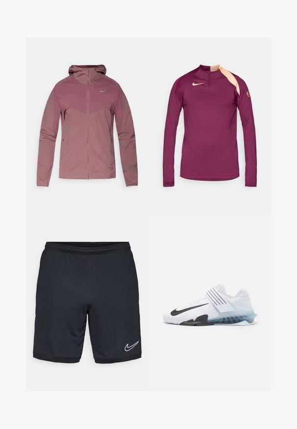Lichtgewicht Nike-jas in gedempte mauve, met een ritssluiting aan de voorkant, capuchon en blauwe logo-accenten. Gevoerd met een sportief ontwerp en een gestructureerde stof.; Langsleeve sportshirt in donkerpaars met een hoge kraag, voorzien van een perzikkleurig accent op de schouder en een klein logo op de mouw.; Zwarte sport shorts van een gladde, lichte stof, met een elastische tailleband en een wit Nike-logo bij de zoom.; Witte sportieve schoen met zwarte Nike swoosh, bovenwerk van mesh, drie zwarte strepen en een verloopsole van blauw naar transparant. Voorzien van versterkte accenten.