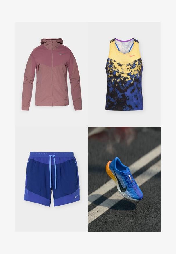 Ελαφρύ μπουφάν Nike σε απαλή μωβ απόχρωση, με φερμουάρ μπροστά, κουκούλα και μπλε λογότυπα. Υφασμα με υφή και αθλητικό σχέδιο.; Αμάνικο αθλητικό τοπ με κίτρινο πάνω μέρος και μπλε, μαύρο και κίτρινο αφηρημένο μοτίβο κάτω, με μικρό ροζ λογότυπο Nike.; Μπλε σορτς για τρέξιμο Nike με ανοιχτό μπλε κορδόνι, πλαϊνές τσέπες με φερμουάρ και ανακλαστικό λογότυπο στο αριστερό στρίφωμα.; Μπλε και κίτρινο παπούτσι τρεξίματος Nike στον αέρα πάνω από έναν ασφαλτοστρωμένο δρόμο με λευκές γραμμές, σηκώνοντας μικρά σωματίδια.