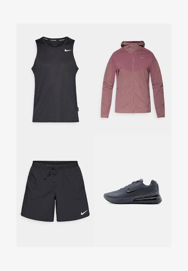 Let jakke fra Nike i dæmpet lilla, med lynlåslukning foran, hætte og blå logo-accents. Tekstureret stof med sporty design.; Sort ærmeløs atletisk tanktop lavet af glat materiale, med et tekstureret mønster og et lille hvidt Nike-logo på brystet.; Nike løbeshorts i sort stof med elastisk talje og snøre, to sidelommer og hvidt logo.; Mørkegrå Nike Air Max-sneaker med sort swoosh, synlig luftdæmpet sål og tekstureret overdel, vist fra venstre side på hvid baggrund.