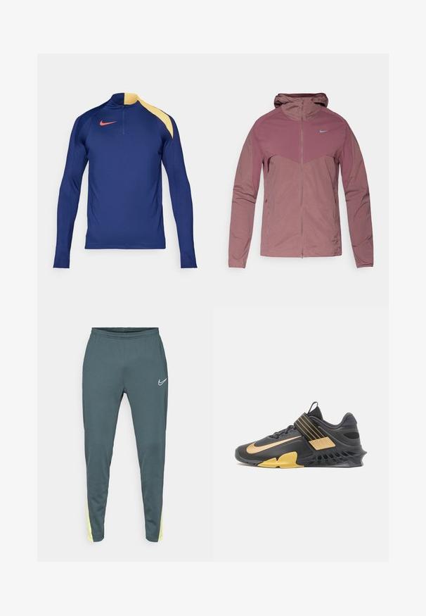Chaqueta ligera de Nike en malva apagado, con cremallera frontal, capucha y acentos de logo en azul. Tejido texturizado con un diseño deportivo.; Camiseta deportiva de manga larga en azul marino con un acento amarillo en el hombro, cuello con media cremallera y el logotipo de Nike en rojo en el pecho.; Pantalones deportivos de color teal oscuro con una cintura elástica, piernas ajustadas y acentos amarillos brillantes en los lados. Presenta un logo blanco en la parte frontal.; Zapatilla deportiva negra con acentos dorados, materiales de malla y sintéticos, suela texturizada única, correa ajustable sobre el mediopie y cuello acolchado.