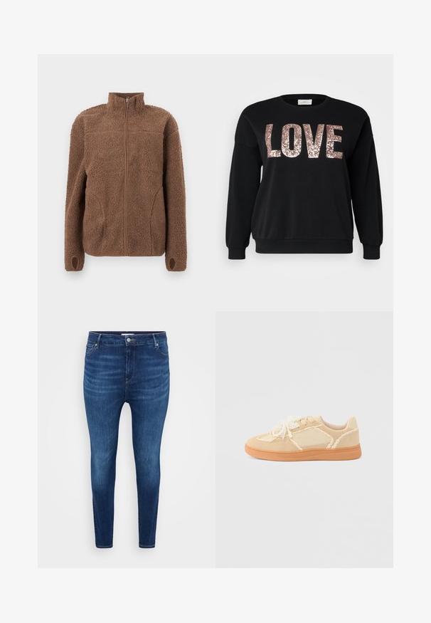 Bruine fleecejas met volledige ritssluiting, hoge kraag, gestructureerde pluche stof, lange mouwen en duimgaten bij de manchetten.; ONLY Carmakoma CARKATYA LOVE O NECK - Sweater - black; Donkerblauwe skinny jeans met voorzakken, riemlussen en een knoopsluiting op een lichte effen achtergrond.; Beige lage sneaker met veters en een strik versierd met parels op de veters, bovenwerk van suède en stof, en een lichtbruine rubberen zool.