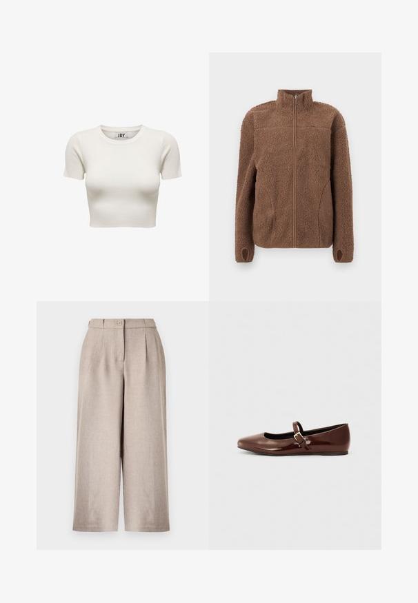 Veste polaire marron à zip intégral, col montant, tissu pelucheux texturé, manches longues et manchons avec trou pour le pouce.; Crop top court crème à manches courtes en tissu côtelé avec col rond et étiquette de marque JDY à l'intérieur du col, présenté sur fond blanc.; Pantalon beige taille haute à jambes larges avec plis sur le devant, fermeture par bouton et passants pour ceinture sur fond blanc.; Ballerine en cuir verni marron avec un bout carré et une lanière ornée d'une petite boucle dorée. Texture lisse, talon bas et design minimaliste.